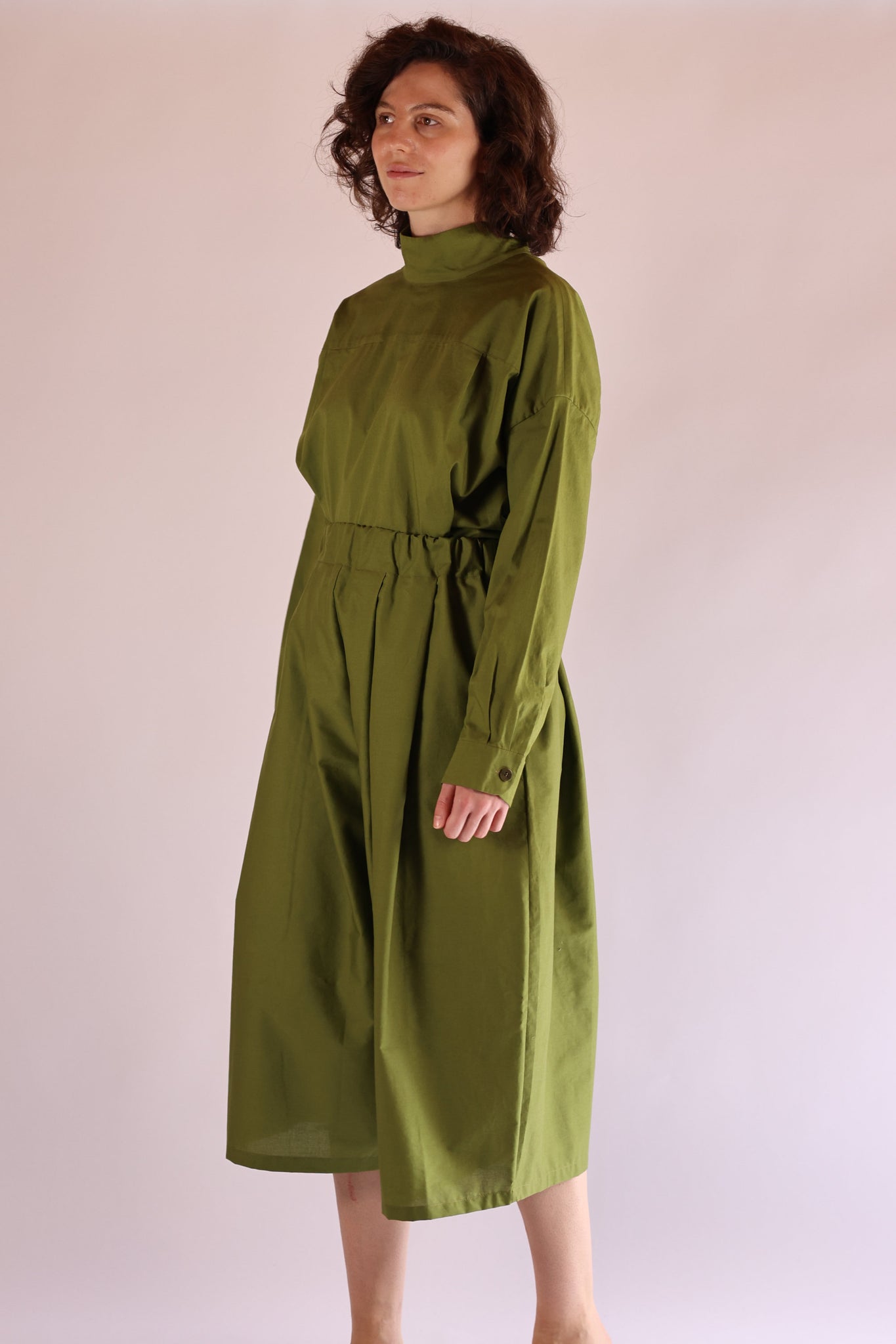 Leaf Collar Shirt Long | Organic Cotton Poplin | Olive