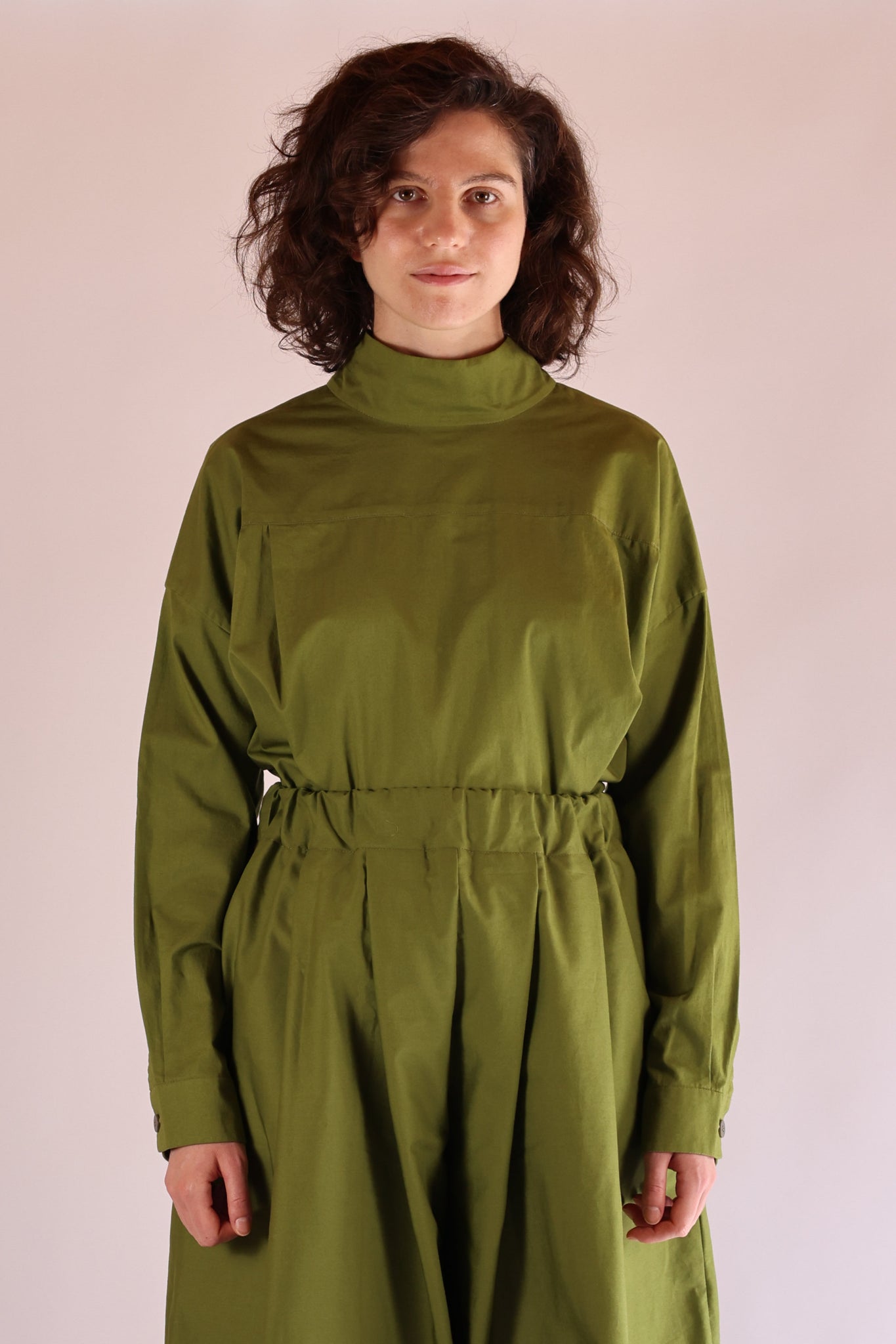 Leaf Collar Shirt Long | Organic Cotton Poplin | Olive