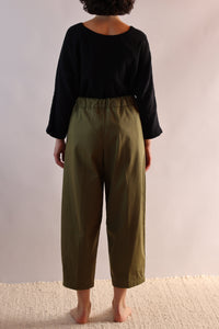 Pleated Pants with Cord String | Organic Cotton Twill | Olive