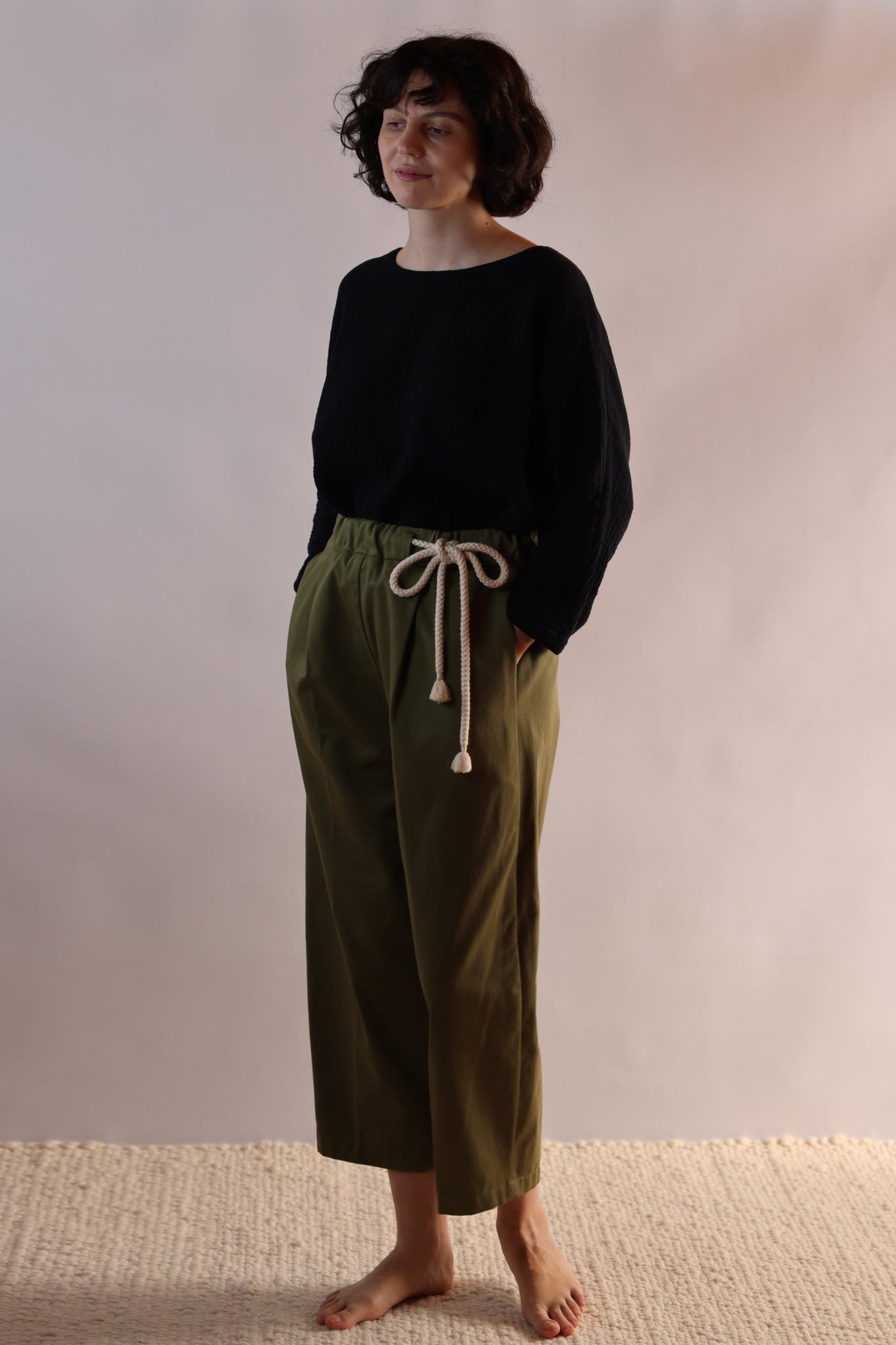 Pleated Pants with Cord String | Organic Cotton Twill | Olive