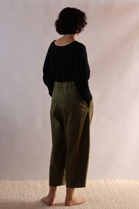 Pleated Pants with Cord String | Organic Cotton Twill | Olive