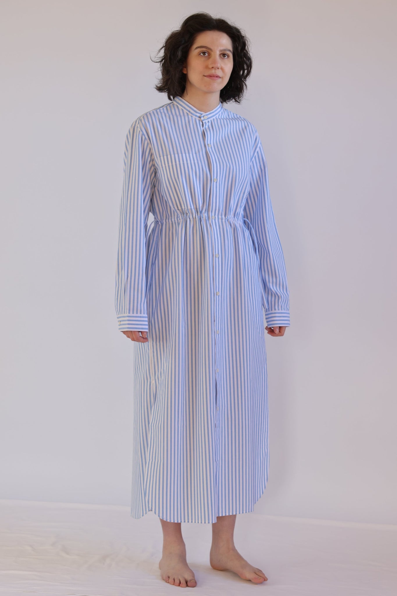 Drawstring Dress / Organic Cotton Poplin / Striped White/Sky