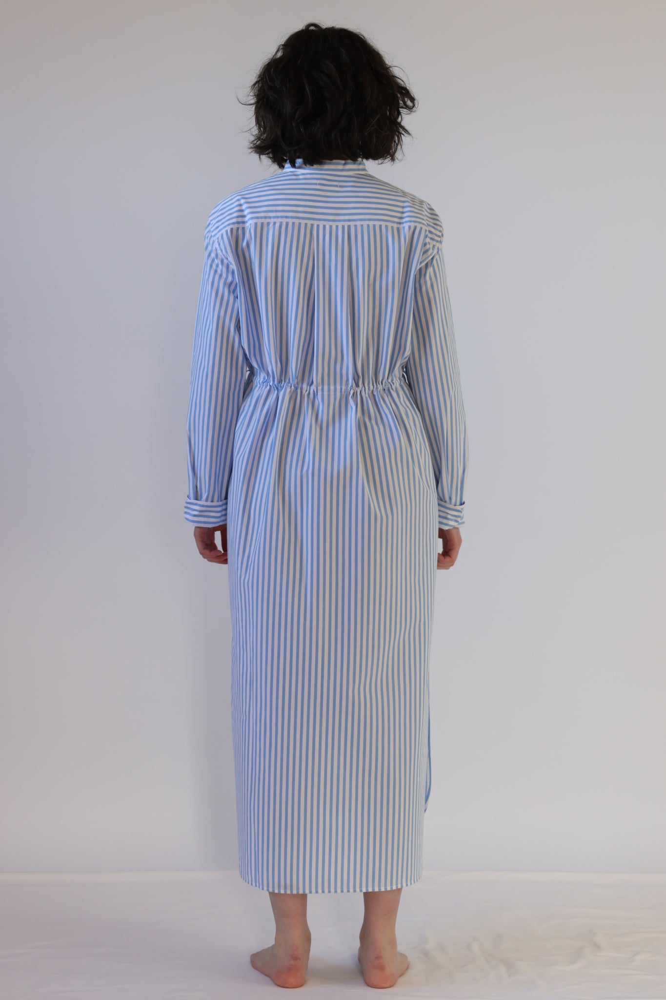 Drawstring Dress / Organic Cotton Poplin / Striped White/Sky