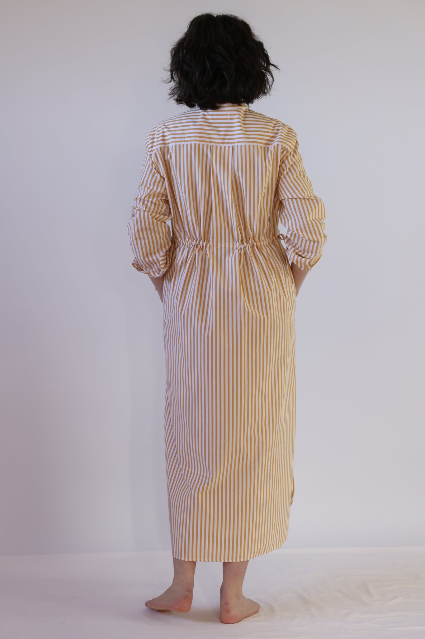 Drawstring Dress / Organic Cotton Poplin / Striped White/Natural