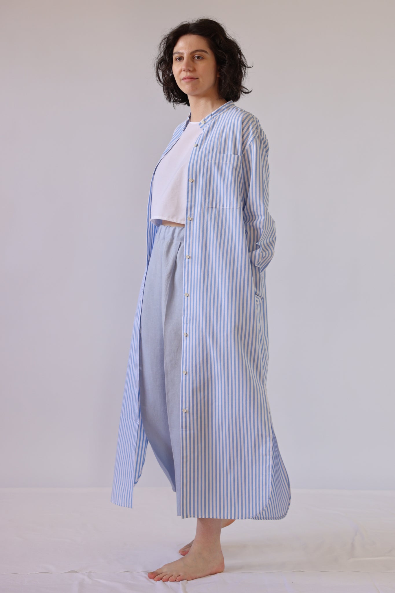 Crista Long Shirt / Organic Cotton Poplin / Striped White/Sky